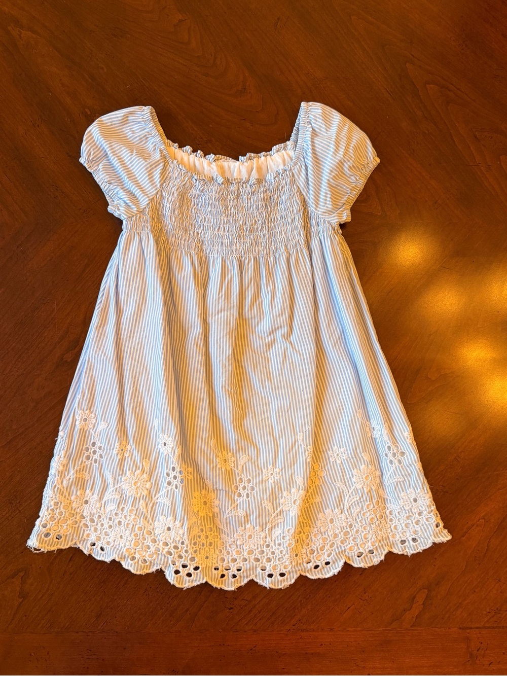 Girls' Light Blue Striped Smocked Dress with Lace Hem 2T